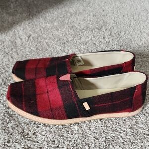 Red and Black Plaid TOMs Slip-On Shoes